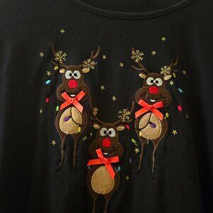Long sleeve black christmas holiday novelty top three cute reindeer red bows L